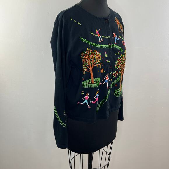 VINTAGE Michael Simon Black Button Down Long Sleeve "Park" Embroidered Top L - Picture 3 of 12